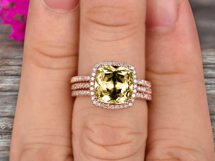 Trio Set 2 Carat Cushion Cut Champagne Diamond Moissanite Wedding Set Engagement Ring Bridal Ring Anniversary Ring On 10k Rose Gold Halo Glaring Staggering