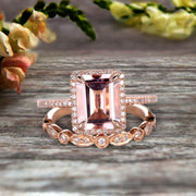 1.75 Carat Emerald Cut Morganite Engagement Ring Set Bridal Ring 10k Rose Gold Art Deco Halo Stacking Matching Band Shining Startling Ring Gift