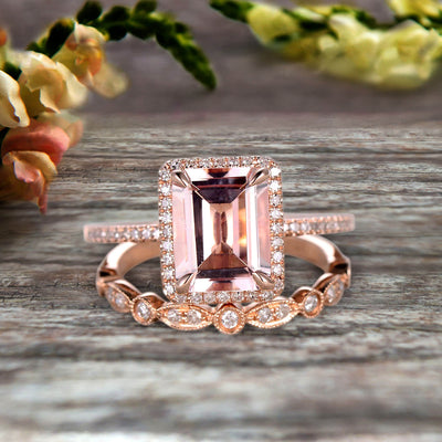 1.75 Carat Emerald Cut Morganite Engagement Ring Set Bridal Ring 10k Rose Gold Art Deco Halo Stacking Matching Band Shining Startling Ring Gift