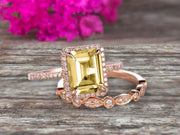 1.75 Carat Emerald Cut Champagne Diamond Moissanite Engagement Ring Set Bridal Ring 10k Rose Gold Art Deco Halo Stacking Matching Band Shining Startling Ring Gift