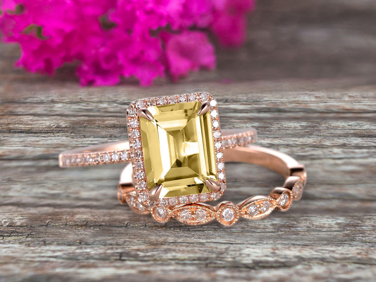 1.75 Carat Emerald Cut Champagne Diamond Moissanite Engagement Ring Set Bridal Ring 10k Rose Gold Art Deco Halo Stacking Matching Band Shining Startling Ring Gift