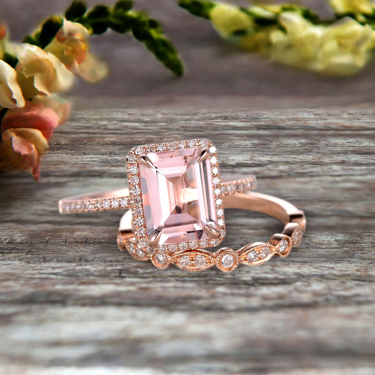 1.75 Carat Emerald Cut Morganite Engagement Ring Set Bridal Ring 10k Rose Gold Art Deco Halo Stacking Matching Band Shining Startling Ring Gift