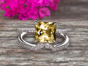 1.50 Carat Princess Cut Champagne Diamond Moissanite Wedding Set Engagement Bridal Ring Set On 10k White Gold Plain Edge Curved Matching Band Art Deco Glaring Staggering Ring