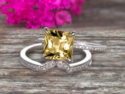 1.50 Carat Princess Cut Champagne Diamond Moissanite Wedding Set Engagement Bridal Ring Set On 10k White Gold Plain Edge Curved Matching Band Art Deco Glaring Staggering Ring