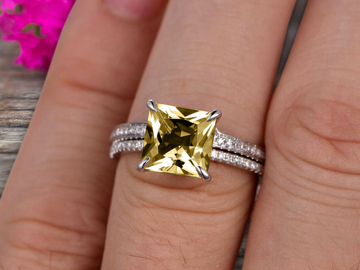 1.50 Carat Princess Cut Champagne Diamond Moissanite Wedding Set Engagement Bridal Ring Set On 10k White Gold Plain Edge Curved Matching Band Art Deco Glaring Staggering Ring