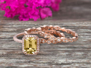 Milgrain Trio Set Emerald Cut Champagne Diamond Moissanite Wedding Set Engagement Ring Anniversary Ring 14k Rose Gold Art Deco Shining Startling Ring