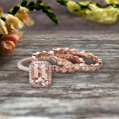 Milgrain Trio Set Emerald Cut Morganite Wedding Set Engagement Ring Anniversary Ring 14k Rose Gold Art Deco Shining Startling Ring