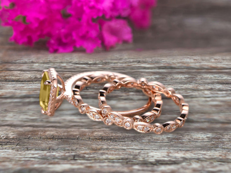 Milgrain Trio Set Emerald Cut Champagne Diamond Moissanite Wedding Set Engagement Ring Anniversary Ring 14k Rose Gold Art Deco Shining Startling Ring