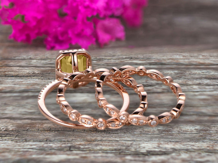 Milgrain Trio Set Emerald Cut Champagne Diamond Moissanite Wedding Set Engagement Ring Anniversary Ring 14k Rose Gold Art Deco Shining Startling Ring