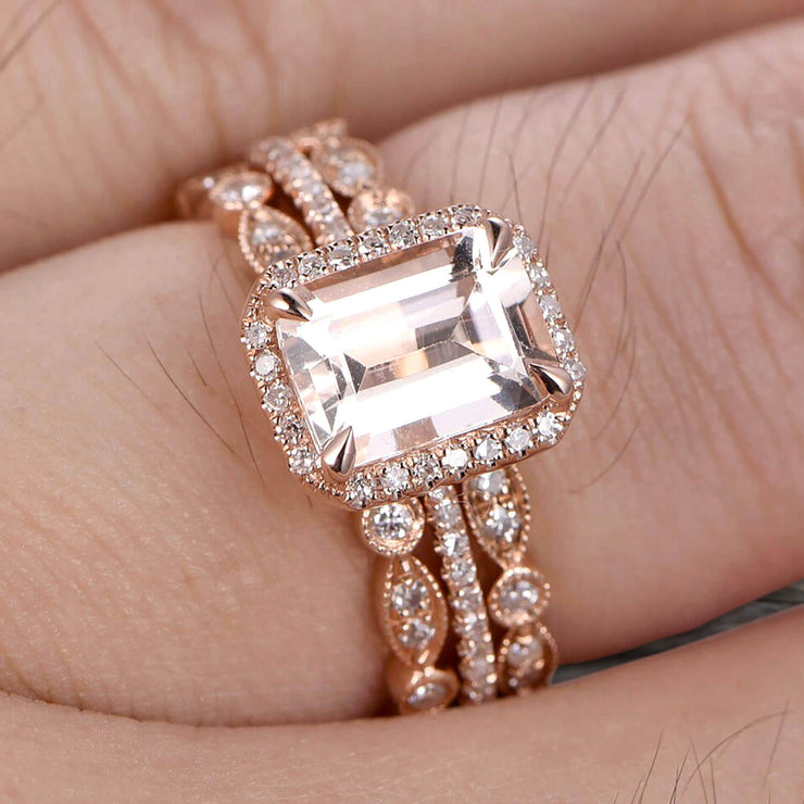 Milgrain Trio Set Emerald Cut Morganite Wedding Set Engagement Ring Anniversary Ring 14k Rose Gold Art Deco Shining Startling Ring