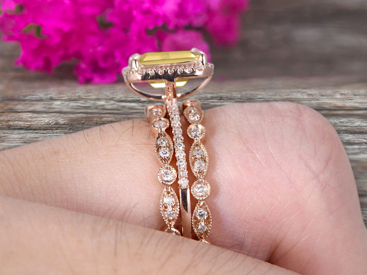 Milgrain Trio Set Emerald Cut Champagne Diamond Moissanite Wedding Set Engagement Ring Anniversary Ring 14k Rose Gold Art Deco Shining Startling Ring