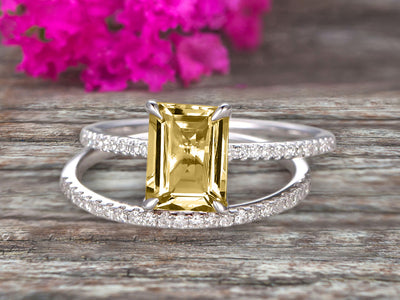 1.50 Carat Surprisingly Champagne Diamond Moissanite Engagement Ring On 10k White Gold Bridal Set Emerald Cut Thin Pave Stacking Band Art Deco 