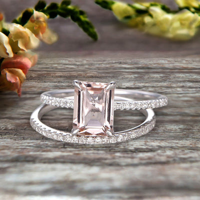 1.50 Carat Surprisingly Morganite Engagement Ring On 10k White Gold Bridal Set Emerald Cut Thin Pave Stacking Band Art Deco 