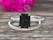 1.50 Carat Surprisingly Black Diamond Moissanite Engagement Ring On 10k White Gold Bridal Set Emerald Cut Thin Pave Stacking Band Art Deco 