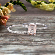 1.50 Carat Surprisingly Morganite Engagement Ring On 10k White Gold Bridal Set Emerald Cut Thin Pave Stacking Band Art Deco 