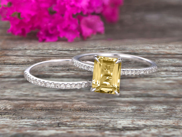 1.50 Carat Surprisingly Champagne Diamond Moissanite Engagement Ring On 10k White Gold Bridal Set Emerald Cut Thin Pave Stacking Band Art Deco 