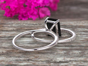 1.50 Carat Surprisingly Black Diamond Moissanite Engagement Ring On 10k White Gold Bridal Set Emerald Cut Thin Pave Stacking Band Art Deco 