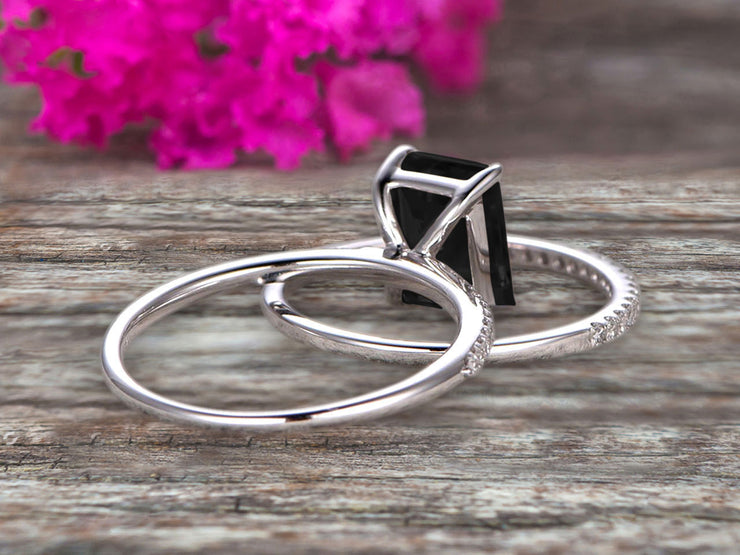 1.50 Carat Surprisingly Black Diamond Moissanite Engagement Ring On 10k White Gold Bridal Set Emerald Cut Thin Pave Stacking Band Art Deco 