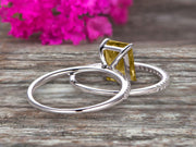 1.50 Carat Surprisingly Champagne Diamond Moissanite Engagement Ring On 10k White Gold Bridal Set Emerald Cut Thin Pave Stacking Band Art Deco 