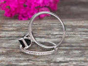 1.50 Carat Surprisingly Black Diamond Moissanite Engagement Ring On 10k White Gold Bridal Set Emerald Cut Thin Pave Stacking Band Art Deco 