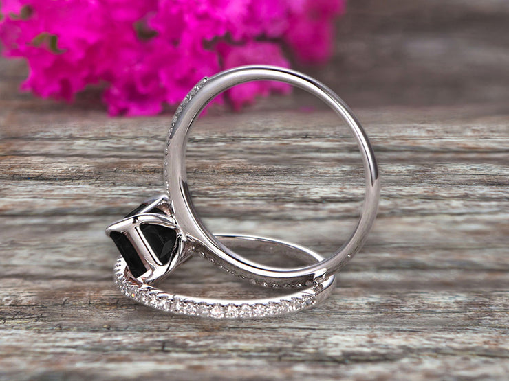 1.50 Carat Surprisingly Black Diamond Moissanite Engagement Ring On 10k White Gold Bridal Set Emerald Cut Thin Pave Stacking Band Art Deco 