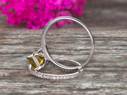 1.50 Carat Surprisingly Champagne Diamond Moissanite Engagement Ring On 10k White Gold Bridal Set Emerald Cut Thin Pave Stacking Band Art Deco 