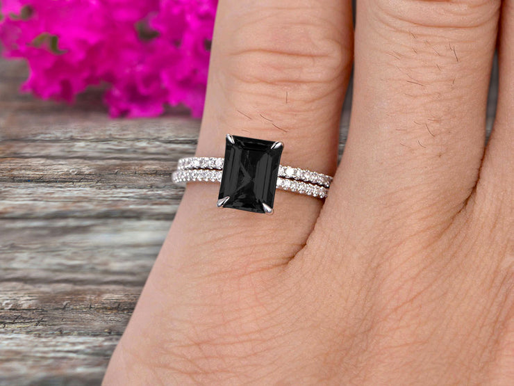 1.50 Carat Surprisingly Black Diamond Moissanite Engagement Ring On 10k White Gold Bridal Set Emerald Cut Thin Pave Stacking Band Art Deco 