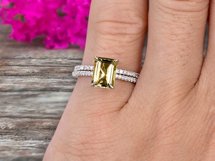1.50 Carat Surprisingly Champagne Diamond Moissanite Engagement Ring On 10k White Gold Bridal Set Emerald Cut Thin Pave Stacking Band Art Deco 