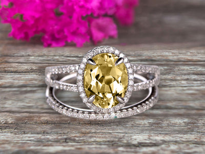 1.75 Carat Champagne Diamond Moissanite Engagement Ring On 10k White Gold Halo Design Bridal Ring Set Oval Cut Gemstone Thin Pave Stacking Band Split Shank Surprisingly