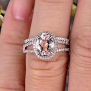 1.75 Carat Morganite Engagement Ring On 10k White Gold Halo Design Bridal Ring Set Oval Cut Gemstone Thin Pave Stacking Band Split Shank Surprisingly