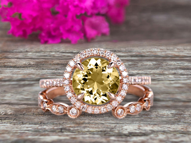 2 Carat Round Cut Champagne Diamond Moissanite 10k Rose Gold Wedding Set Half Eternity Ring Art Deco Stacking Band Engagement Ring Anniversary Gift Halo Milgrain