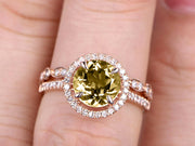 3 Carat Round Cut Champagne Diamond Moissanite 10k Rose Gold Wedding Set Half Eternity Ring Art Deco Stacking Band Engagement Ring Anniversary Gift Halo Milgrain