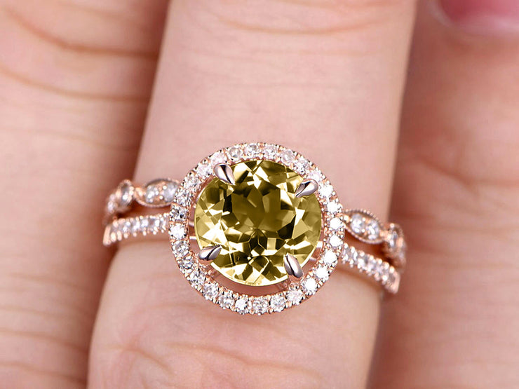 3 Carat Round Cut Champagne Diamond Moissanite 10k Rose Gold Wedding Set Half Eternity Ring Art Deco Stacking Band Engagement Ring Anniversary Gift Halo Milgrain