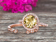 4 Carat Round Cut Champagne Diamond Moissanite 10k Rose Gold Wedding Set Half Eternity Ring Art Deco Stacking Band Engagement Ring Anniversary Gift Halo Milgrain