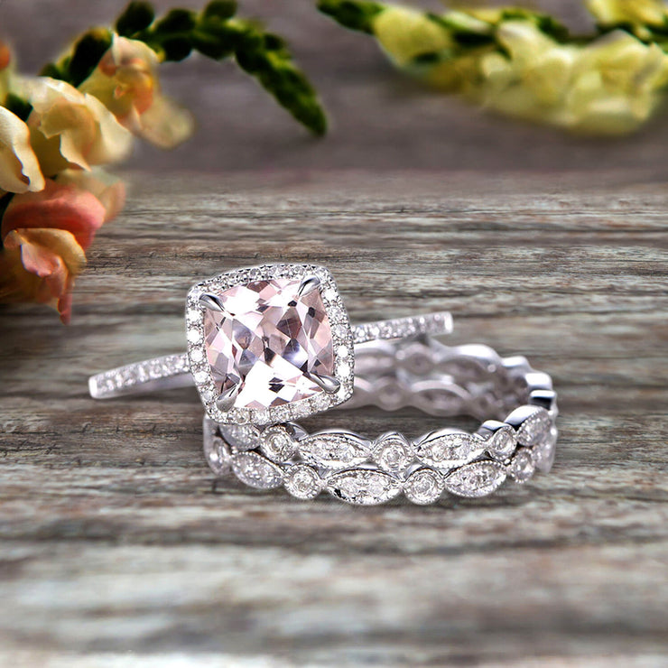 Milgrain Halo Art Deco 2 Carat Cushion Cut Morganite Wedding Ring Set On 10k White Gold With Two Matching Band Anniversary Ring