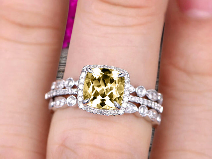 Milgrain Halo Art Deco 2 Carat Cushion Cut Champagne Diamond Moissanite Wedding Ring Set On 10k White Gold With Two Matching Band Anniversary Ring