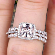 Milgrain Halo Art Deco 2 Carat Cushion Cut Morganite Wedding Ring Set On 10k White Gold With Two Matching Band Anniversary Ring