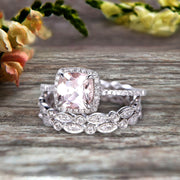 Milgrain Halo Art Deco 2 Carat Cushion Cut Morganite Wedding Ring Set On 10k White Gold With Two Matching Band Anniversary Ring