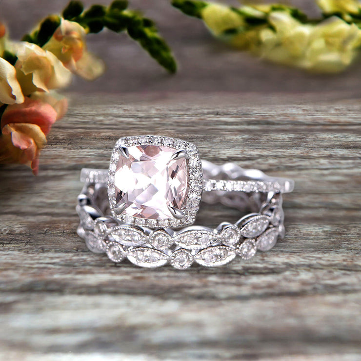 Milgrain Halo Art Deco 2 Carat Cushion Cut Morganite Wedding Ring Set On 10k White Gold With Two Matching Band Anniversary Ring