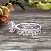 Milgrain Halo Art Deco 2 Carat Cushion Cut Morganite Wedding Ring Set On 10k White Gold With Two Matching Band Anniversary Ring
