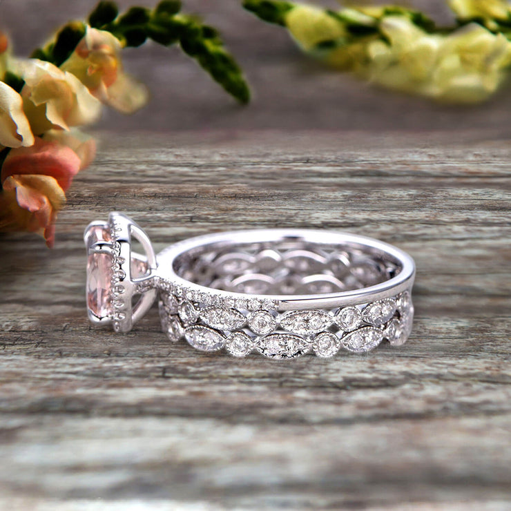 Milgrain Halo Art Deco 2 Carat Cushion Cut Morganite Wedding Ring Set On 10k White Gold With Two Matching Band Anniversary Ring