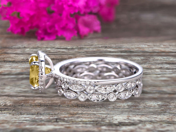 Milgrain Halo Art Deco 2 Carat Cushion Cut Champagne Diamond Moissanite Wedding Ring Set On 10k White Gold With Two Matching Band Anniversary Ring