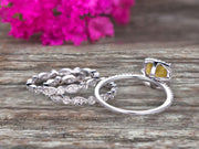 Milgrain Halo Art Deco 2 Carat Cushion Cut Champagne Diamond Moissanite Wedding Ring Set On 10k White Gold With Two Matching Band Anniversary Ring