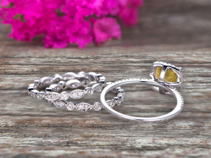 Milgrain Halo Art Deco 2 Carat Cushion Cut Champagne Diamond Moissanite Wedding Ring Set On 10k White Gold With Two Matching Band Anniversary Ring