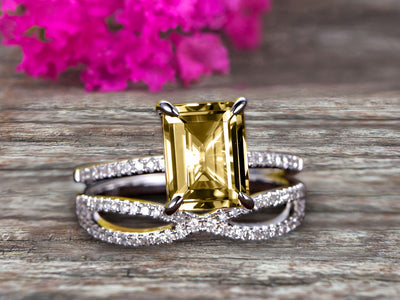 Art Deco 1.75 Carat Emerald Cut Champagne Diamond Moissanite Wedding Set 10k White Gold Bridal Ring Loop Infinity Stacking Matching Band 