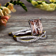 Art Deco 1.75 Carat Emerald Cut Morganite Wedding Set 10k White Gold Bridal Ring Loop Infinity Stacking Matching Band 