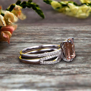 Art Deco 1.75 Carat Emerald Cut Morganite Wedding Set 10k White Gold Bridal Ring Loop Infinity Stacking Matching Band 