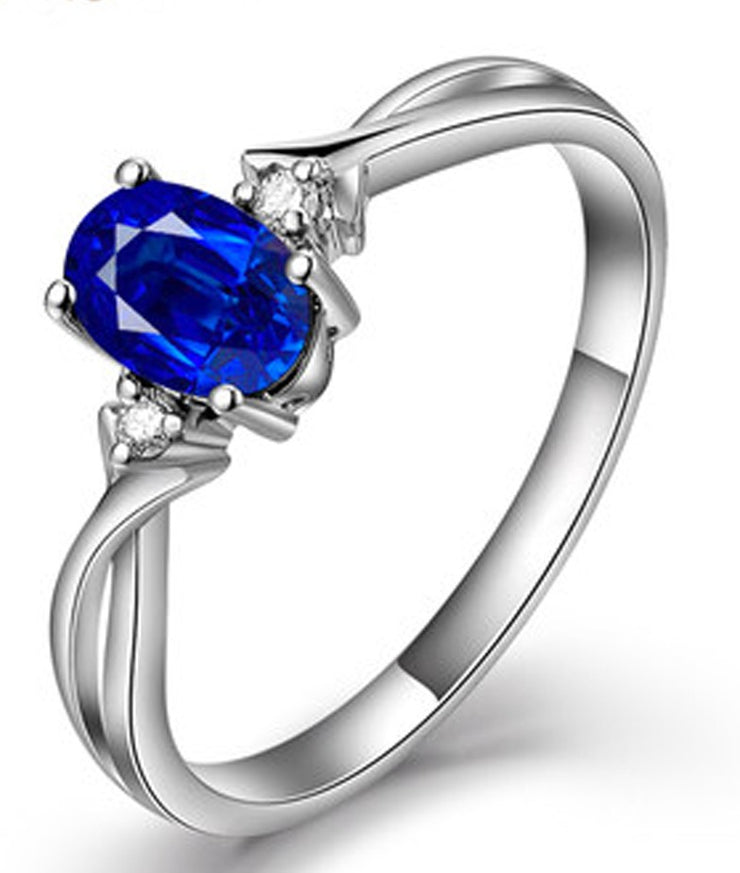 Perfect 1 Carat Oval Blue Sapphire and Moissanite Diamond Trilogy Engagement Ring in White Gold