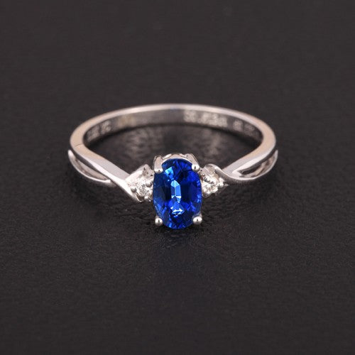 Perfect 1 Carat Oval Blue Sapphire and Moissanite Diamond Trilogy Engagement Ring in White Gold