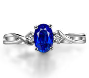 Perfect 1 Carat Oval Blue Sapphire and Moissanite Diamond Trilogy Engagement Ring in White Gold